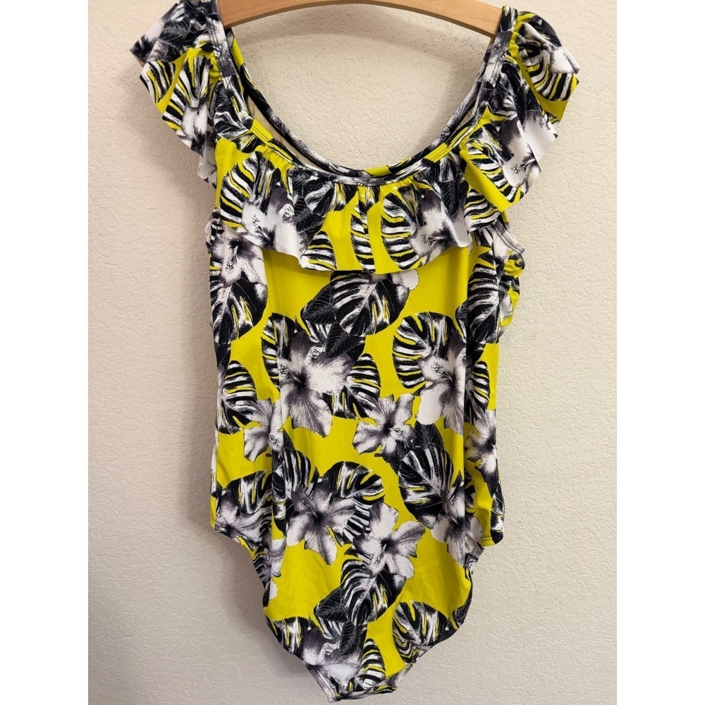 NEW G.I.L.I. Yellow Tropical Floral Ruffle Off Shoulder One Piece Sz 16 Swimsuit